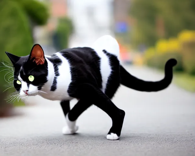 Prompt: a cat wearing tuxedo in a hurry to get to work