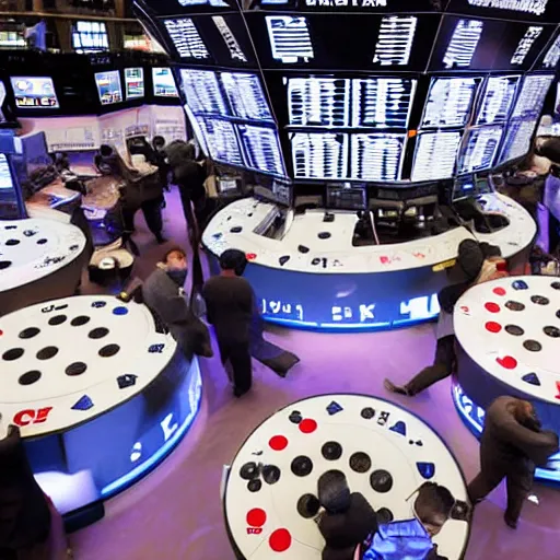 Prompt: Traders are throwing giant dices on stock market trading floor, journalism photo, award-winning