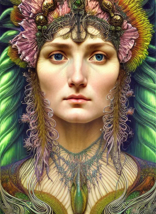 Image similar to hyperrealistic detailed face portrait of the beautiful goddess of the northern lights with an intricate headgear of a beautiful landscape, art by ernst haeckel, john william godward, android jones, alphonso mucha, h. r. giger, gothic - cyberpunk, ornamental, dimmed pastel colours,