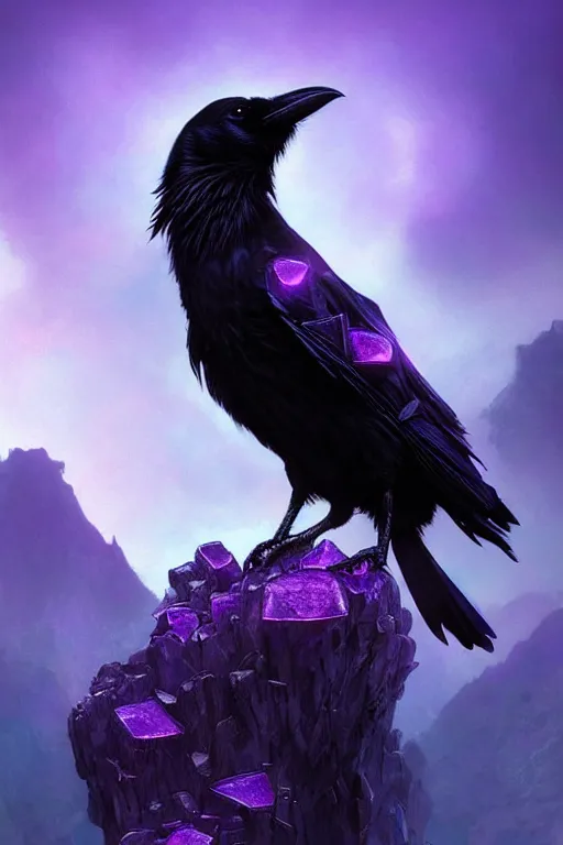 Image similar to portrait of a beautiful one raven perched on purple crystals that are glowing in a misty valley, establishing shot, extremly high detail, foto realistic, cinematic lighting, by yoshitaka amano, ruan jia, kentaro miura, artgerm, post processed, concept art, artstation, raphael lacoste, alex ross