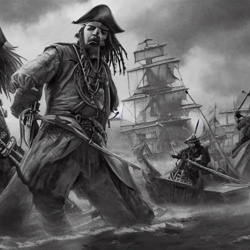 Image similar to close up of biggest pirate battle ever, pencil sketch, realistic shaded, fine details, realistic shaded lighting poster by greg rutkowski