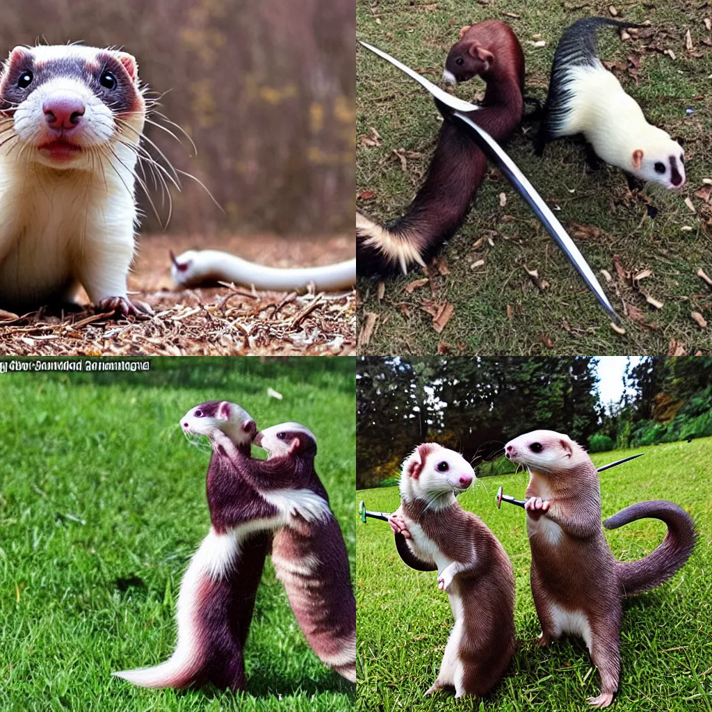 Prompt: 2 ferrets sword fighting