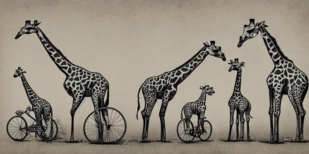 Image similar to giraffe pig hybrids riding bicycles, sepia toned illustration