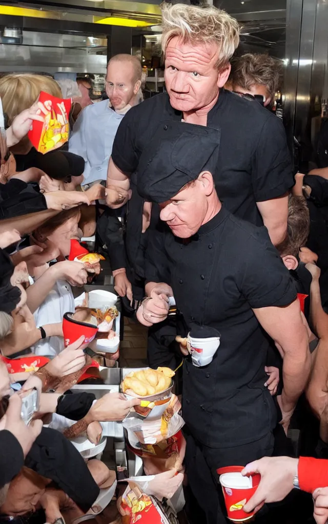 Prompt: gordon ramsay waiting in line at mcdonalds, high detailed sharp photo