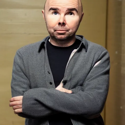 Image similar to Karl Pilkington, very very very very very very very very very very round shiny head