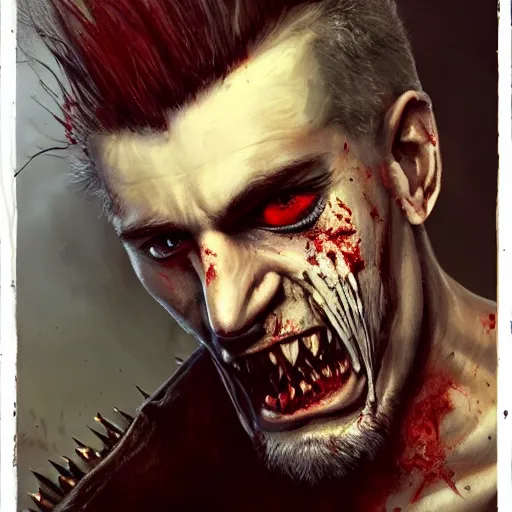 Image similar to portrait painting of a sneering biker with pale skin and spiky hair and a patchy beard and blood stains on his mouth, sharp focus, ultra realistic, concept art, intricate details, eerie, highly detailed, photorealistic, octane render, 8 k, unreal engine. art by artgerm and charlie bowater and greg rutkowski