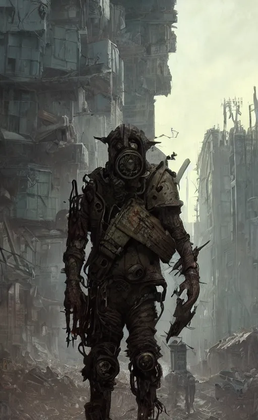 Prompt: A ghoul wearing raider gear stands in the middle of the street, ruined postapocalyptic city, science fiction, highly detailed, digital painting, artstation, concept art, illustration, art by Greg Rutkowski and alphonse mucha