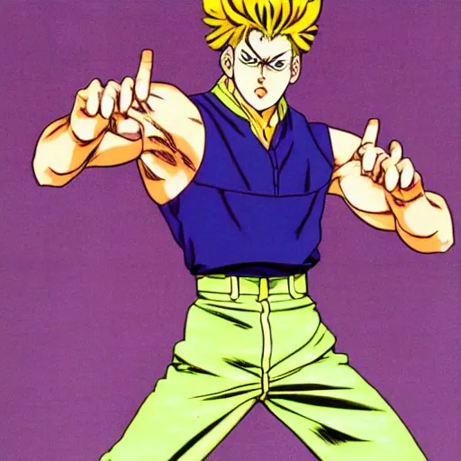 Image similar to young boy angry, kuwabara hairstyle, art by hirohiko araki, jotaro kujo, kakyoin, manga page, action pose, manga cover