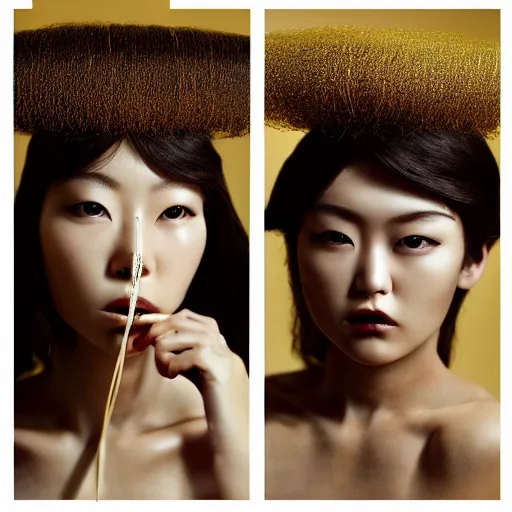 Prompt: a beautiful young female korean model wearing a hairsculpture made of hair and gold string, photoshot by erwin olaf