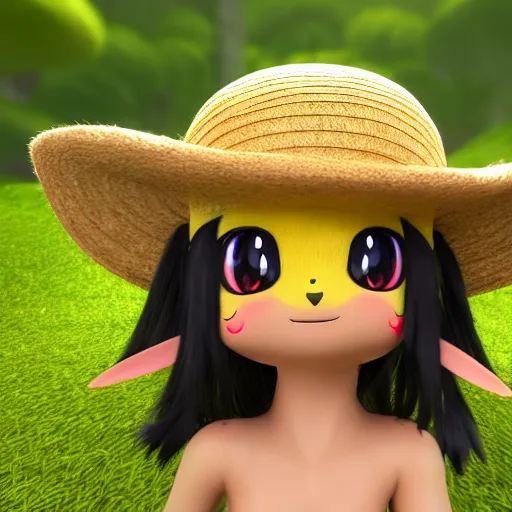 Prompt: nymph render of a very cute Pichu wearing straw hat pokemon, adorable eyes, cute smile, full round face, bright sunny time, serene forest setting, medium shot, mid-shot, highly detailed, trending on Artstation, Unreal Engine 4k