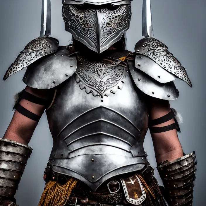 Prompt: portrait photograph of a real-life warrior with metal owl armour. Extremely detailed. 8k