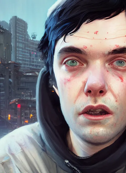 Image similar to Highly detailed portrait of homeless Martin Shkreli, in GTA V, Stephen Bliss, unreal engine, fantasy art by Greg Rutkowski, Loish, Rhads, Artgerm Makoto Shinkai and Lois van baarle, ilya kuvshinov, rossdraws, Tom Bagshaw, global illumination, radiant light, detailed and intricate environment