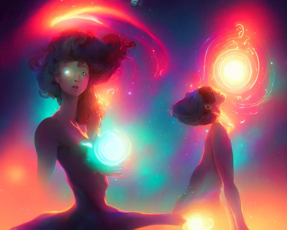 Image similar to a beautiful whimsical woman standing under a multi-colored binary blackhole with an accretion disc, casting magic, glowing trails following her arms,, by Lois van Baarle, by Greg Rutkowski, by artgerm, by beeple, by studio ghibli, cinematic angle, volumetric lighting, 4k resolution, octane render, trending on artstation, masterpiece