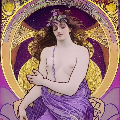 Prompt: heavenly goddess full body statue with sleepy face and beautiful closed eyes and open lips and 2 arms open and 2 legs bending and a curved body wearing torn silk cloth, laying on her back among purple clouds and nebula and starry galaxy dust, splashes into the fabric of the universe, art nouveau by alphonse mucha, black marble, violet gold beige, saturated colors, intricate face detail