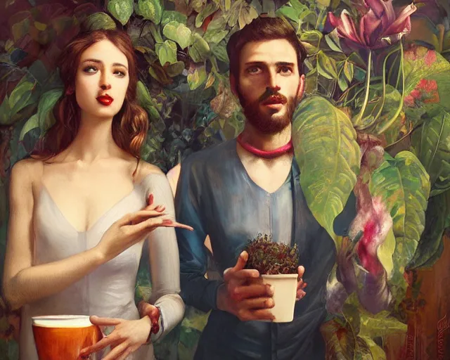 Prompt: an excited couple redefining love in a caffe surrounded by plants, expressionist painting by Francis Bacon, tom bagshaw, mark rothko, artstation