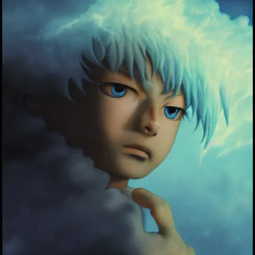 Prompt: killua zoldyck made by zdzisław beksinski, thunderstorm, lighting, blue, pose, 8 k, detailed, high quality, 8 k, detailed face, light