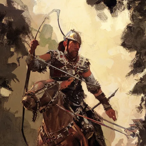 Image similar to portrait of rider wearing chainmail holding bow, detailed by greg manchess, craig mullins, bernie fuchs, walter everett, low angle