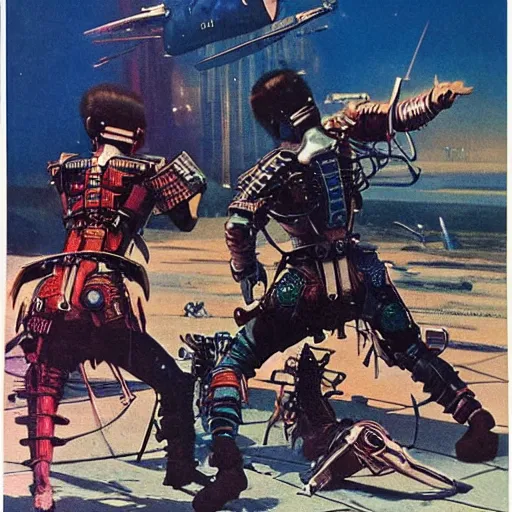 Image similar to cyberpunk samurai squad attack, 1 9 6 0 s vintage pulp sci - fi, art by bruce pennington