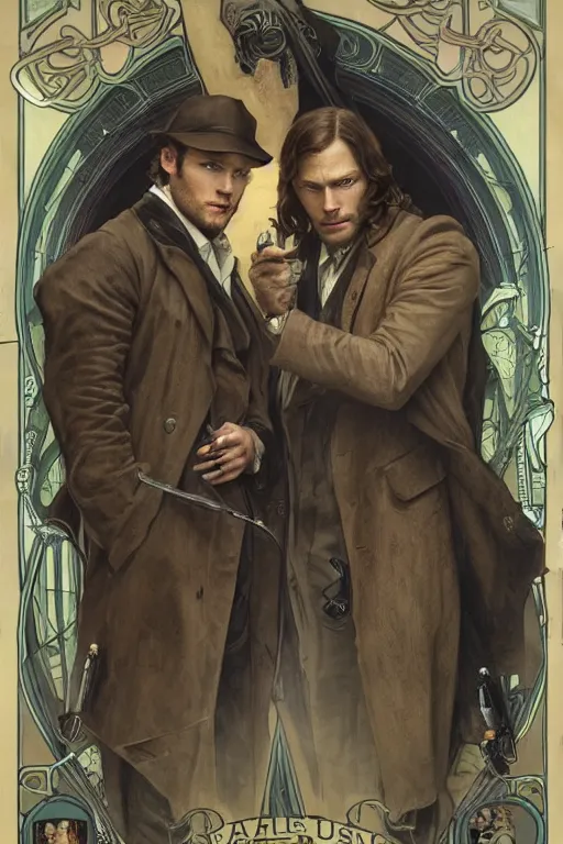 Image similar to a detailed matte portrait of jensen ackles and jared padalecki in a supernatural sherlock holmes story, masterpiece, 8 k, art by alphonse mucha and greg rutkowski