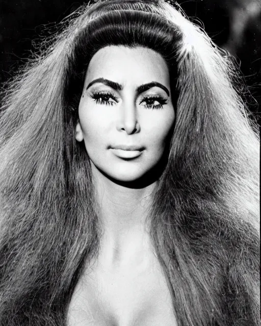 Image similar to a portrait of a 1 9 6 0 s hippie looking like kim kardashian