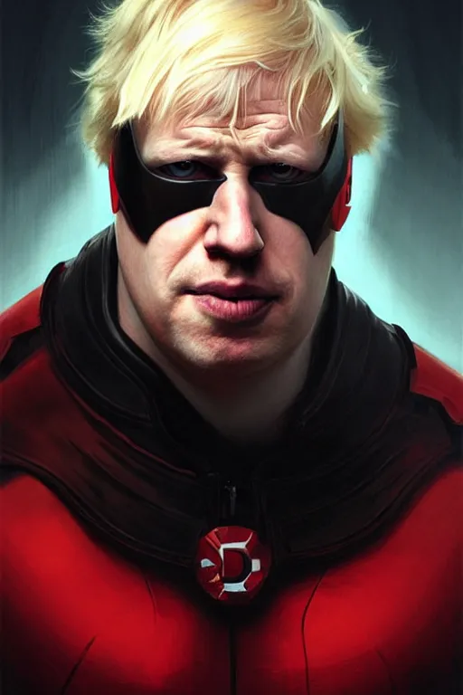 Image similar to Boris Johnson as Daredevil, realistic portrait, symmetrical, highly detailed, digital painting, artstation, concept art, smooth, sharp focus, illustration, cinematic lighting, art by artgerm and greg rutkowski and alphonse mucha