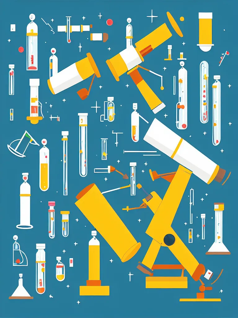Image similar to editorial illustration scientific lab test tube telescope microscope spaceship, colorful modern, mads berg