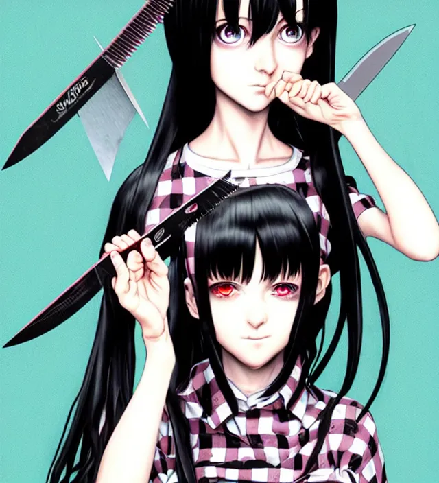 Image similar to portrait of a morbid 18 year old young woman wearing a grunge aesthetic dress with straight silky black hair, in a butcher shop, queen of sharp razorblades holds a single individual razerblade her hand and shows it to the user, in the style of Range Murata and by Katsuhiro Otomo.