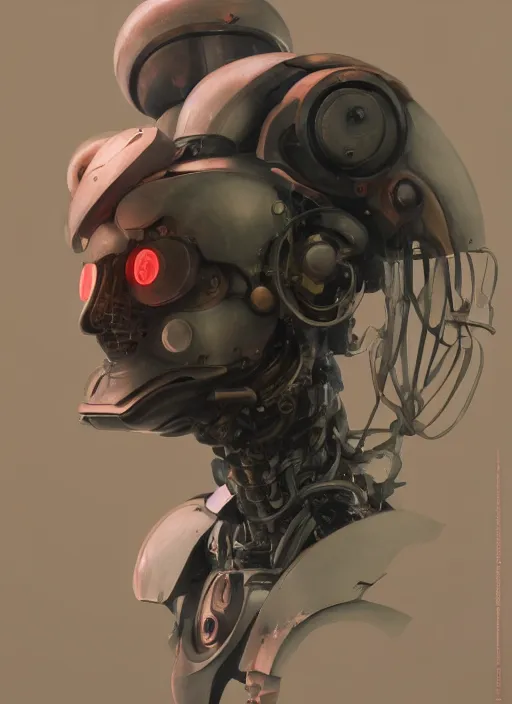 Prompt: surreal gouache painting, by yoshitaka amano, by ruan jia, by conrad roset, by good smile company, detailed anime 3d render of a mechanical android, portrait, cgsociety, artstation, modular mechanical costume and headpiece, dieselpunk atmosphere