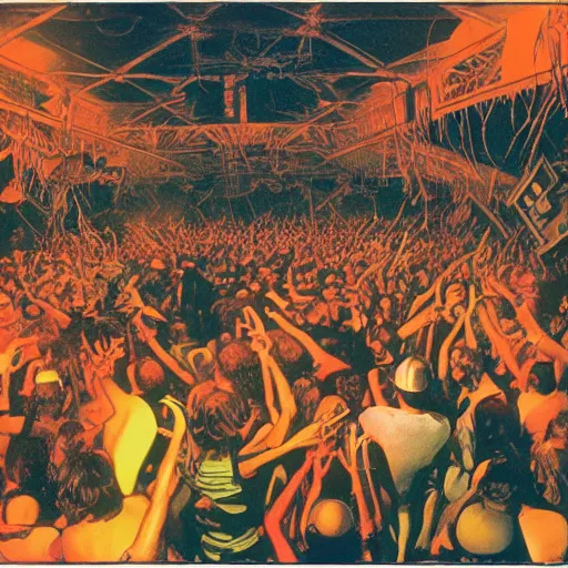 Image similar to boiler room, rave party, crowd, by roger dean