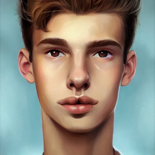 Image similar to teenage boy with brown blond short quiff hair and thin slightly round facial structure with cleft chin, bumpy nose, good definition of cheekbones, hazel nut brown eyes, narrow face, slim body, atmospheric lighting, painted, intricate, 4k, highly detailed by Charlie Bowater