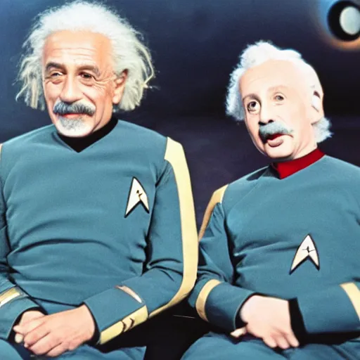 Image similar to Young Eintsein and Old Einstein in starfleet uniforms from the next Star Trek movie