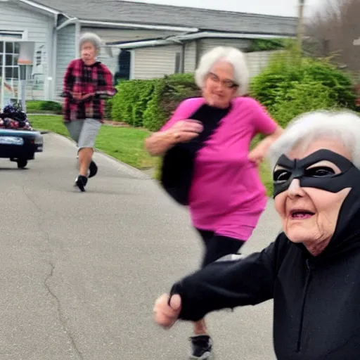 Image similar to high quality selfie photo of grandma being chased by batman