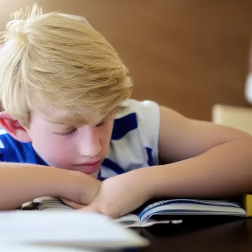 Prompt: boy with blonde hair doing homework