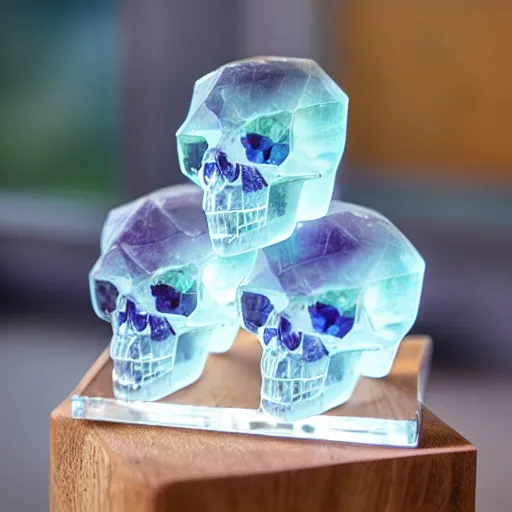 Prompt: transparent fluorite crystal skulls on oak plinth, polygonal