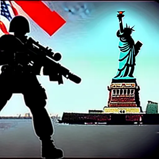 Image similar to The war between the Soviet Union and America, the action takes place in New York, far away against the background of the Statue of Liberty, a lot of soldiers and military equipment, a lot of explosions and tracer bullets, a lot of ruins, a very epic battle, The style of photography of the 80s