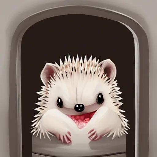 Prompt: cute adorable hedgehog opening the door, shy hedgehog, blushing, waving, smiling, cute, hedgehog, by cyril rolando