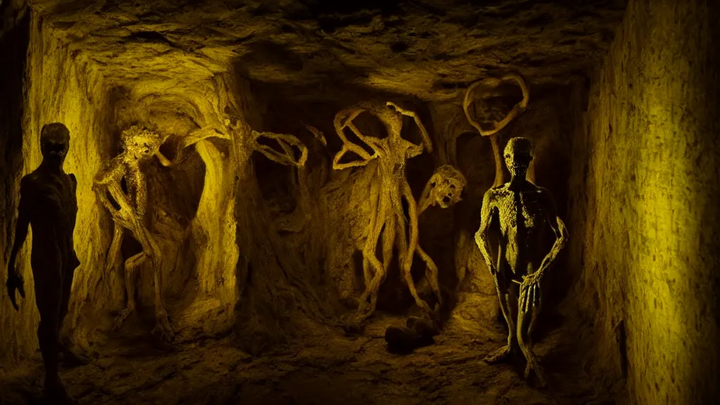 Prompt: the creature in the basement, made of glowing wax and ceramic, surrounded by friendly faces, film still from the movie directed by denis villeneuve and david cronenberg with art direction by salvador dali and zdzisław beksinski, wide lens