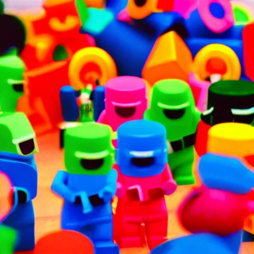 Prompt: 35mm photo of happy roblox figures, bright and fun colors