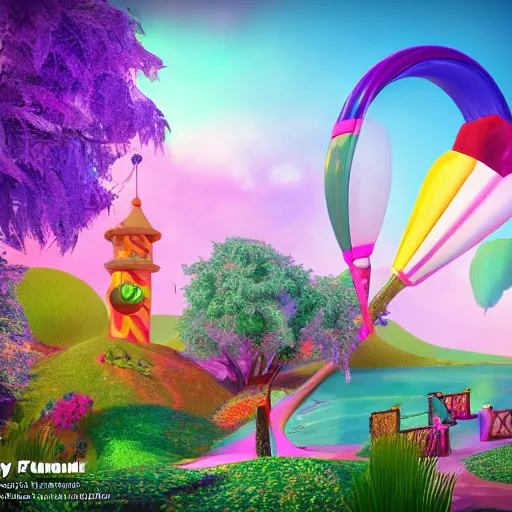 Prompt: a 3d rendering of a fantasy world by Lisa Frank, blender 3d rendering octane render hyper detailed