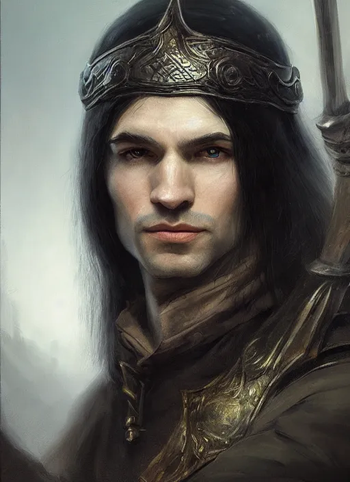 Prompt: portrait of a male elf thief with long black hair, elven character, detailed realism face in painting, detailed beautiful portrait, oil painting masterpiece, fantasy artwork, 8 k resolution, smooth, sharp focus, trending on artstation, by rembrandt, by greg rutkowski