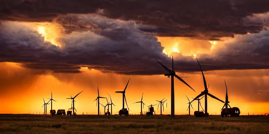 Prompt: photo of a stormy west texas sunset, perfect rustic pumpjack!, wind turbine!, abandoned train!!, horses!!, cows!!, high resolution lightning, golden hour, high detail, beautiful!!!