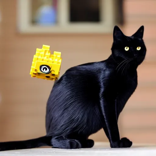 Image similar to a black cat with yellow eyes made out of legos