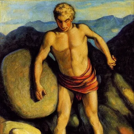 Image similar to a painting of benjamin netanyahu as sisyphus, carrying large boulder up a mountain, by franz stuck