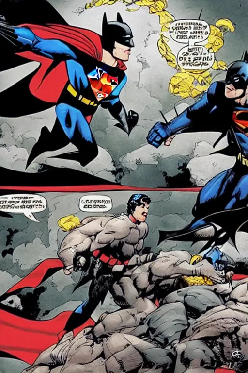 Image similar to batman beating superman in a fight