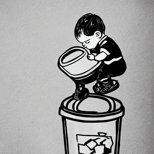 Image similar to baby getting tossed in a trash can, 2d, black on white