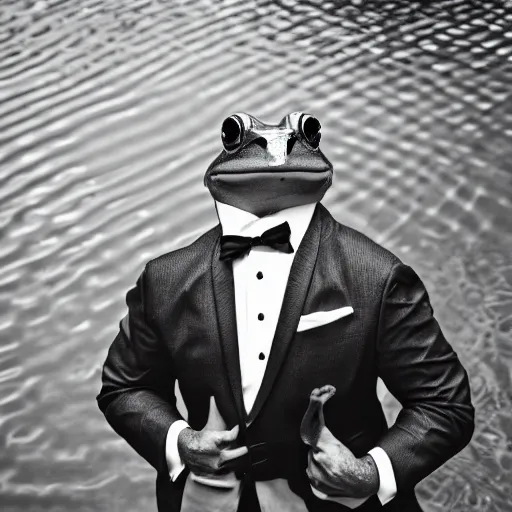 Prompt: a frog in a suit is in a pool, he is cheering, black-and-white, 50mm