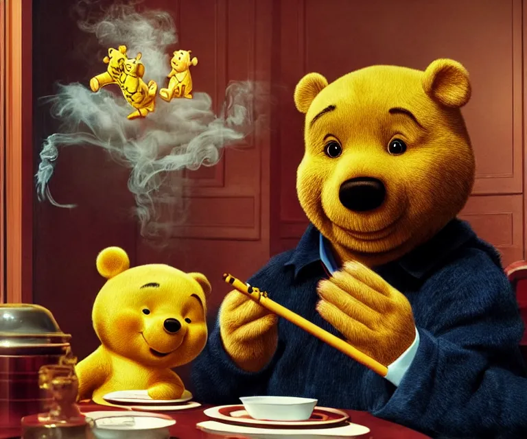 Prompt: hyperrealism movie still photography of real detailed high xi jinping with detailed face smoking detailed weed in detailed basement bedroom with high winnie the pooh hyperrealism photography by araki nobuyoshi