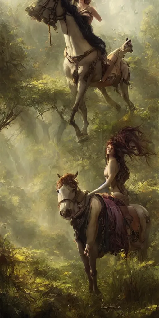 Prompt: a beautiful lush landscape of a the most beautiful woman and her draughthorse, hyperrealistic, award-winning, masterpiece, in the style of Tom Bagshaw, Cedric Peyravernay, Peter Mohrbacher