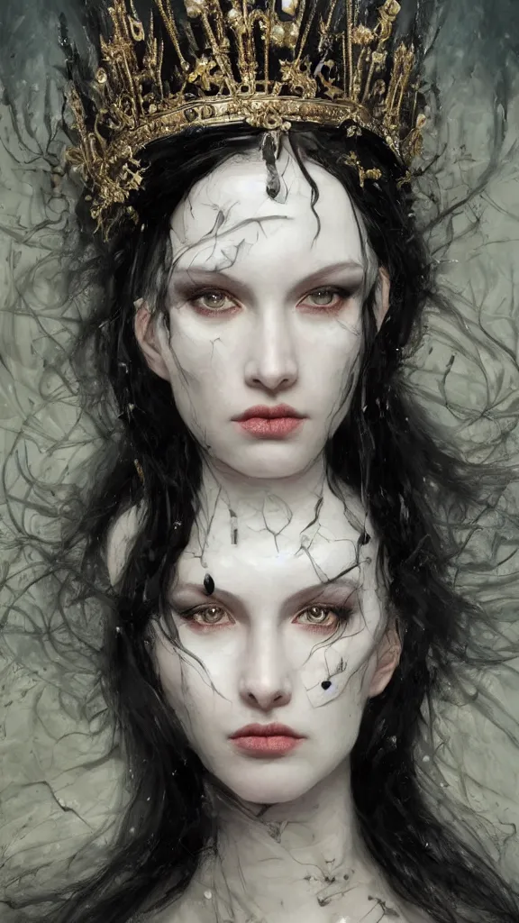 Image similar to a beautiful black haired woman with pale skin and a crown on her head sitted on an intricate metal throne, intimidating woman, large black eyes, high forehead, smooth pale skin, ethereal skin, ominous, eldritch. oil painting by nuri iyem, james gurney, james jean, greg rutkowski, highly detailed, soft lighting, chiaroscuro