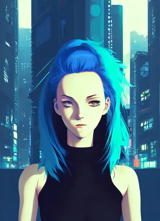 Image similar to digital illustrationportrait of cyberpunk pretty girl with blue hair, wearing a tight black dress, in city street at night, by makoto shinkai, ilya kuvshinov, lois van baarle, rossdraws, basquiat